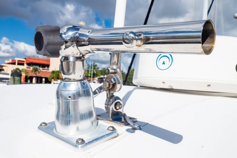  Yacht Photos Pics Close-up of a 2003 Intrepid 370 Cuddy boat's polished metal fixture.