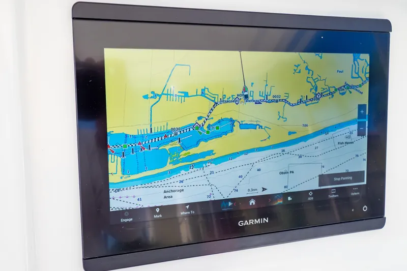  Yacht Photos Pics Garmin navigation display on 2003 Intrepid 370 Cuddy, showing detailed marine chart.
