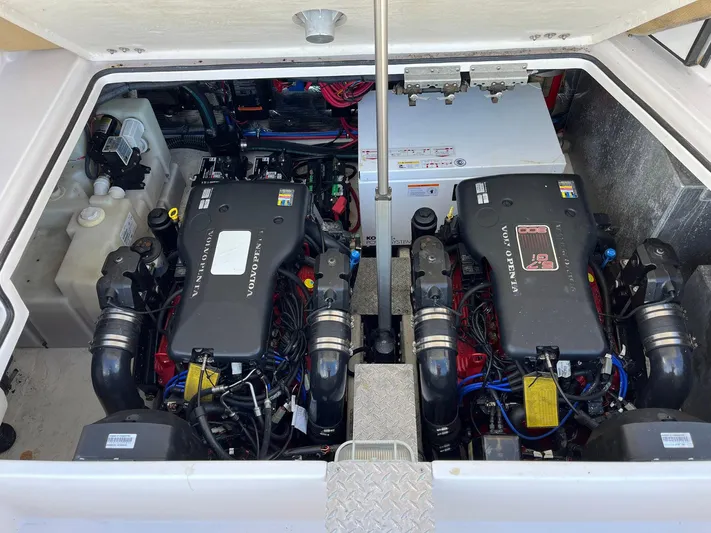 Souper Tuscan Yacht Photos Pics Engine compartment of a 2011 Regal 35 Express Cruiser with dual Volvo Penta engines.