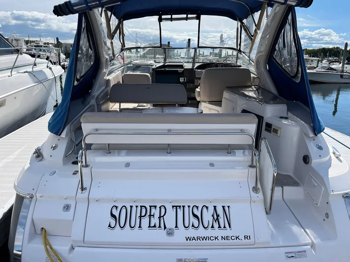 Souper Tuscan Yacht Photos Pics 2011 Regal 35 Express Cruiser docked, featuring "Souper Tuscan" name at Warwick Neck, RI.