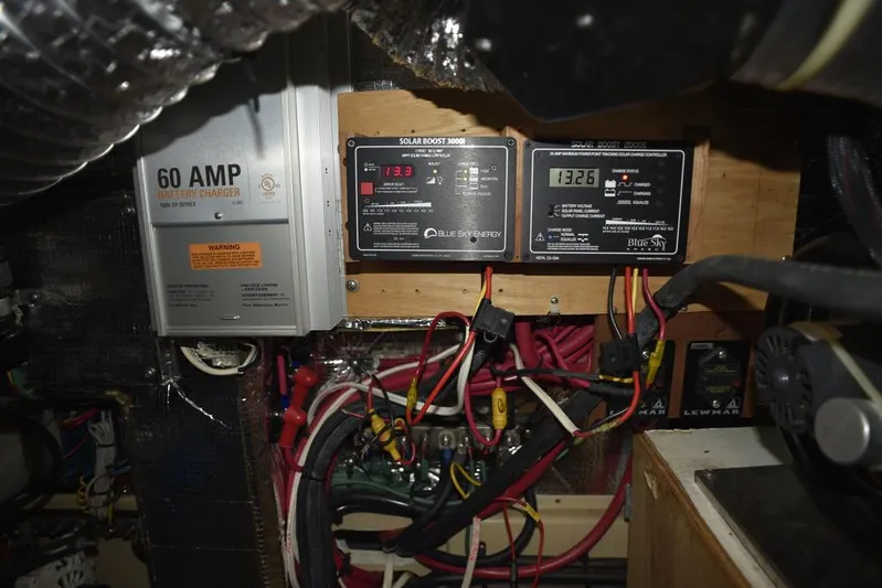 Watermark Lll Yacht Photos Pics Electrical panel of 2005 Island Packet 445 sailboat with wiring and solar boost controllers.