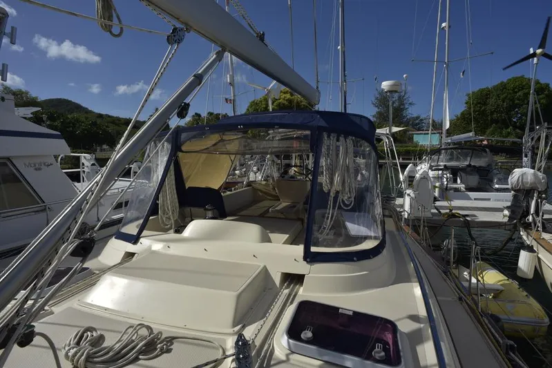 Watermark Lll Yacht Photos Pics 2005 Island Packet 445 sailboat docked, featuring a spacious deck and clear blue sky.