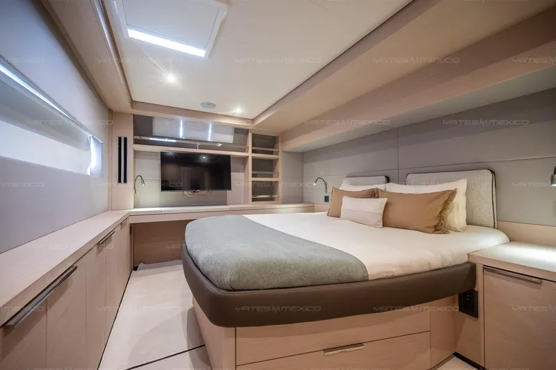  Yacht Photos Pics Luxurious interior of 2023 Lagoon 55 yacht with modern bedroom design.