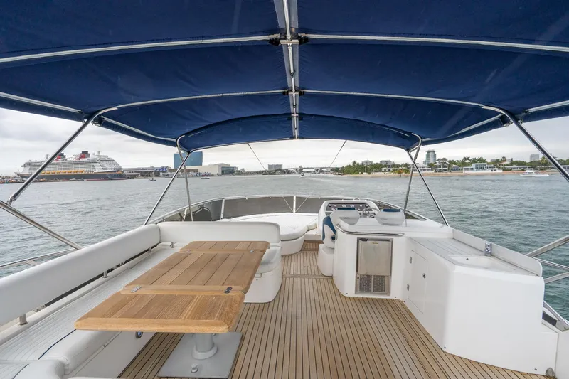  Yacht Photos Pics 2008 Sunseeker Manhattan 70 yacht deck with seating, table, and ocean view.