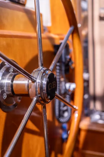 Yeomalt Yacht Photos Pics Close-up of the steering wheel on a 2014 Grand Banks 50 Eastbay SX yacht.