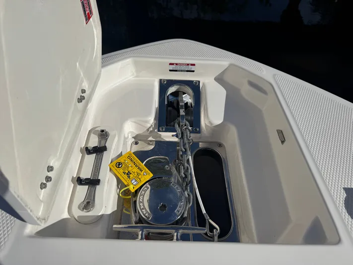  Yacht Photos Pics Anchor locker of 2023 Chaparral 280 OSX with chain and tools.