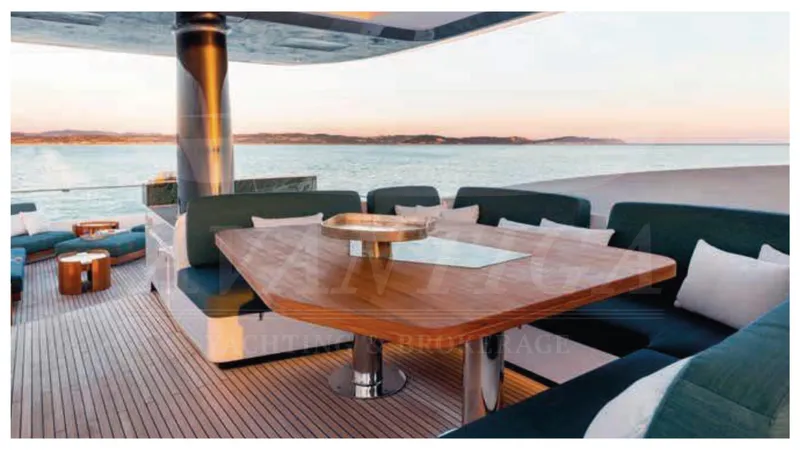  Yacht Photos Pics Luxurious deck seating on 2020 Azimut Magellano 25M yacht at sunset.