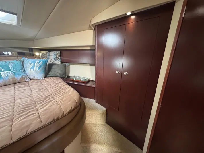 Devine Intervention Yacht Photos Pics Luxurious cabin interior of 2007 Sea Ray 44 Sedan Bridge yacht with elegant wood finishes.