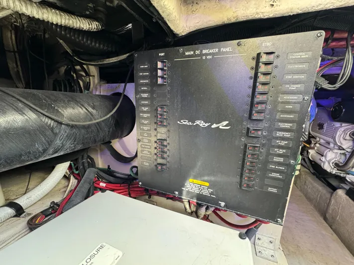 Devine Intervention Yacht Photos Pics Main DC breaker panel in 2007 Sea Ray 44 Sedan Bridge yacht engine room.