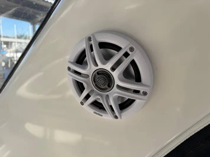 Devine Intervention Yacht Photos Pics Close-up of a marine speaker on a 2007 Sea Ray 44 Sedan Bridge yacht.