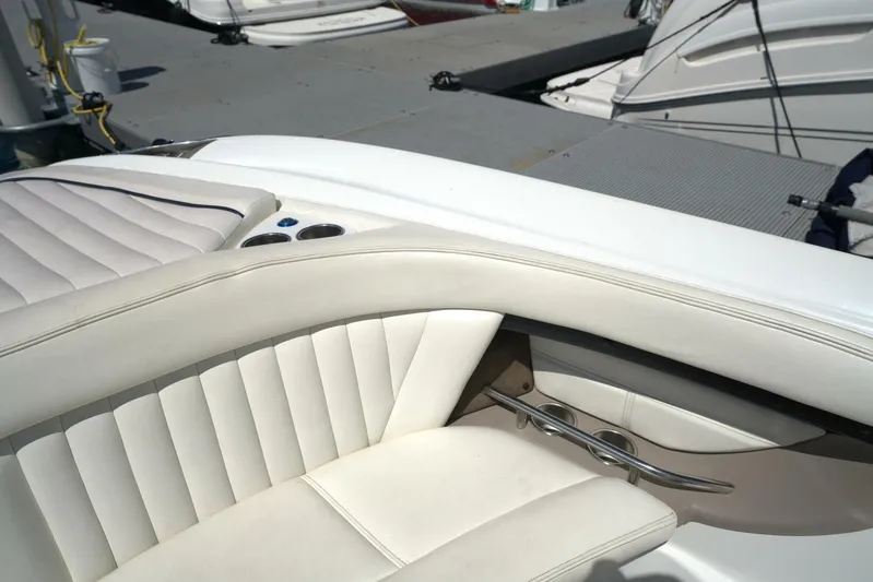  Yacht Photos Pics Luxury seating on a 2005 Cobalt 343 boat, featuring white leather upholstery.