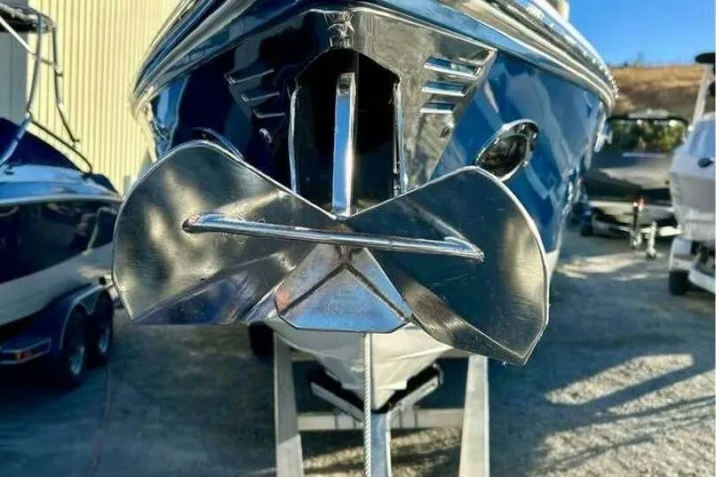  Yacht Photos Pics Close-up of a 2005 Cobalt 343 boat anchor, showcasing sleek design and polished metal.