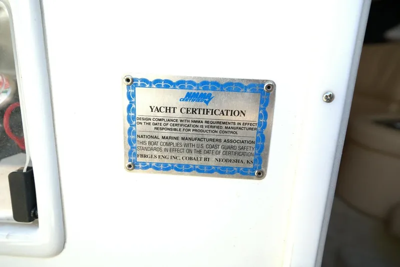  Yacht Photos Pics Yacht certification plaque on 2005 Cobalt 343, compliant with safety standards.