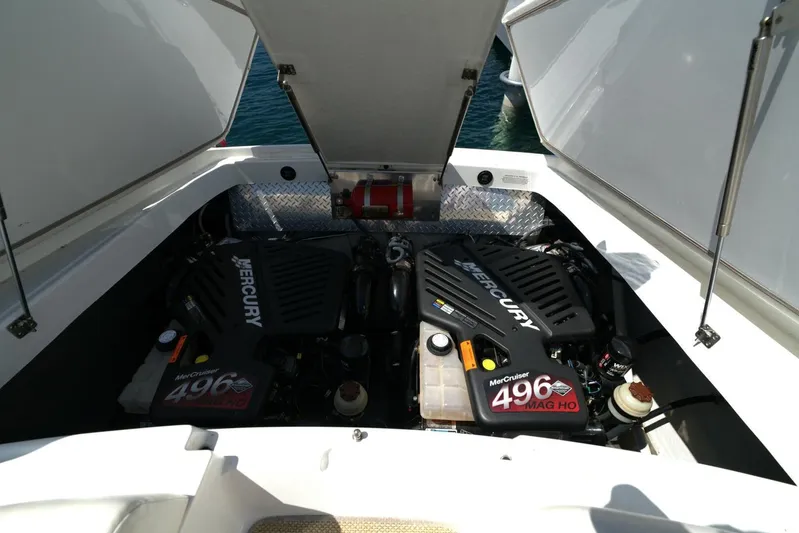  Yacht Photos Pics Engine compartment of a 2005 Cobalt 343 with dual Mercury MerCruiser 496 MAG HO engines.