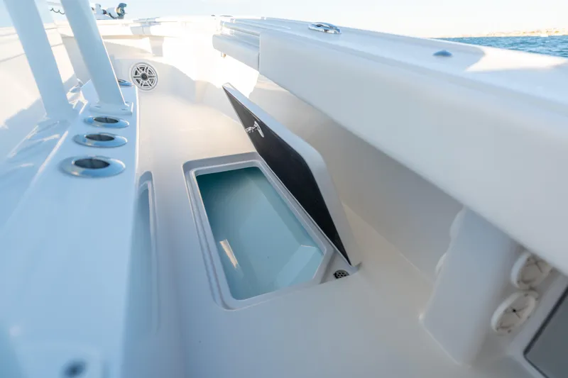  Yacht Photos Pics BARKER 26 boat interior, open storage compartment, sleek design, 2020 model.
