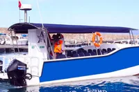 2025 Olbap TR12 Open boat with blue hull, docked at marina, featuring twin Mercury engines.