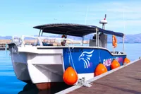 Modern Olbap TR12 Open boat docked, featuring vibrant design and safety buoys, 2025 model.