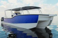2025 Olbap TR12 Open boat with sleek blue design on calm water.