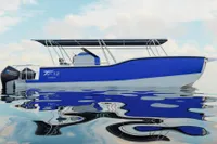 2025 Olbap TR12 Open boat on calm water, featuring a sleek blue and white design.