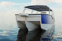 2025 Olbap TR12 Open catamaran on calm water, featuring sleek design and modern canopy.
