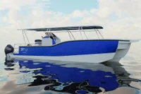2025 Olbap TR12 Open boat on calm water, featuring sleek blue and white design.