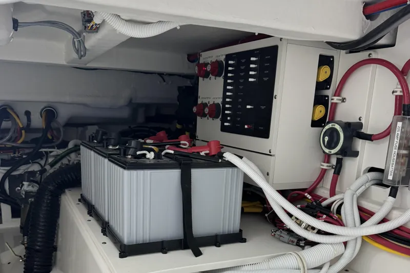  Yacht Photos Pics Electrical system of 2025 Tiara Yachts 38 LS, featuring battery and control panel.