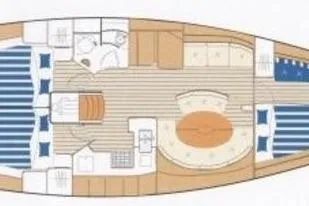 Unbound Yacht Photos Pics Floor plan of a 2001 Beneteau First 47.7 sailboat, showcasing interior layout.