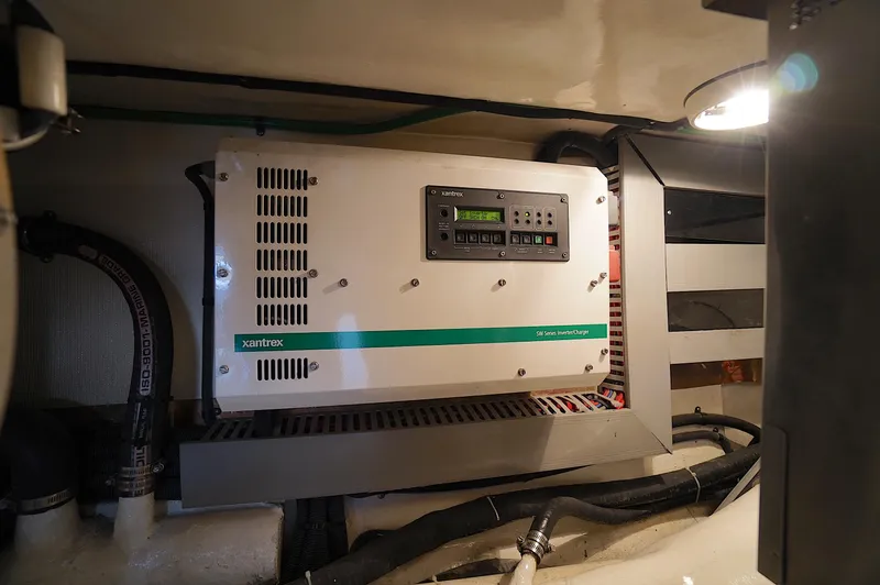 Defly Yacht Photos Pics Electrical system in a 2009 Marlow 61E yacht featuring a Xantrex inverter/charger.