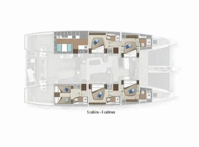  Yacht Photos Pics Floor plan of 2024 Lagoon SIXTY 5 yacht with five cabins layout.