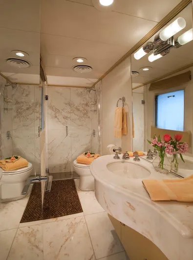 Montego Yacht Photos Pics Luxurious bathroom on a 1967 Superyacht Punat with marble finishes and elegant decor.
