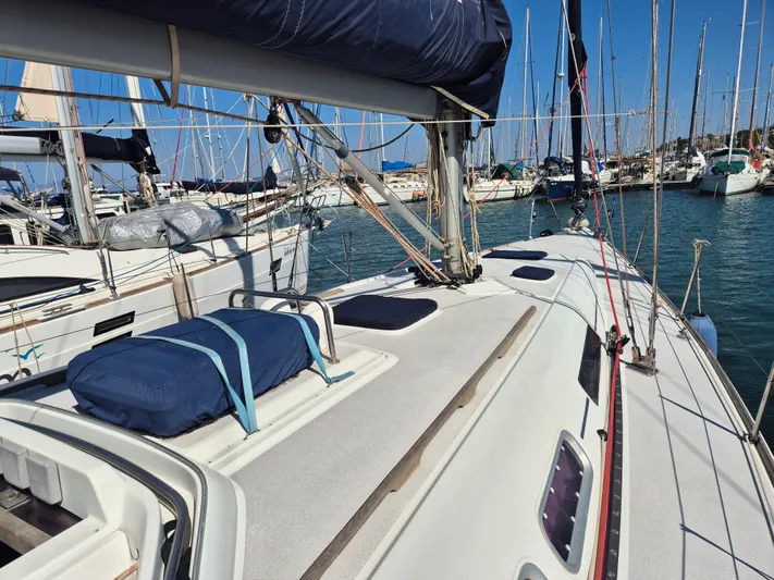 Princess Yacht Photos Pics Grand Soleil 45 sailboat deck, 2008 model, docked in a marina with other boats.