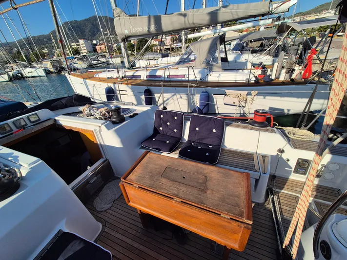 Princess Yacht Photos Pics Grand Soleil 45 sailboat cockpit, 2008 model, docked in a marina with scenic mountain backdrop.