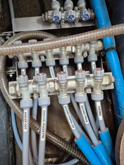 Princess Yacht Photos Pics Plumbing system of a 2008 Grand Soleil 45 yacht with labeled pipes and valves.