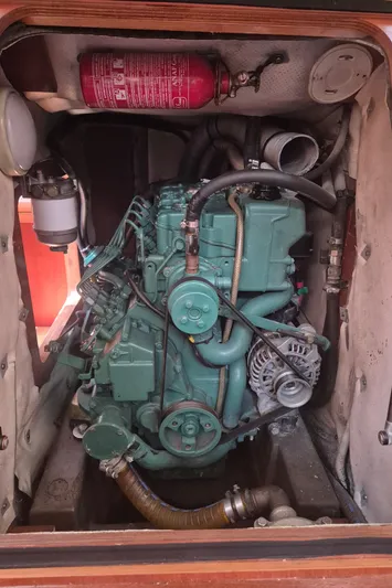 Princess Yacht Photos Pics Engine compartment of a 2008 Grand Soleil 45 sailboat, featuring a green marine engine.