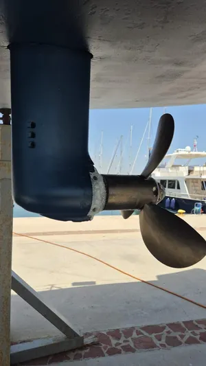 Princess Yacht Photos Pics Propeller of 2008 Grand Soleil 45 yacht, docked at marina with boats in background.