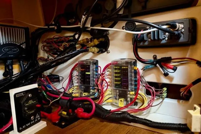  Yacht Photos Pics Electrical wiring and fuse panel inside a 2012 Ranger Tugs R-29 boat.