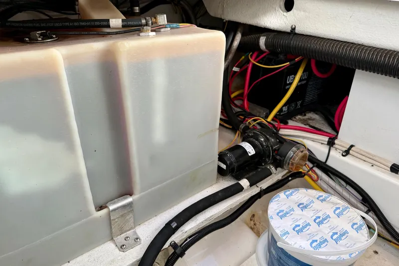  Yacht Photos Pics Engine compartment of a 2012 Ranger Tugs R-29 with wiring and components.