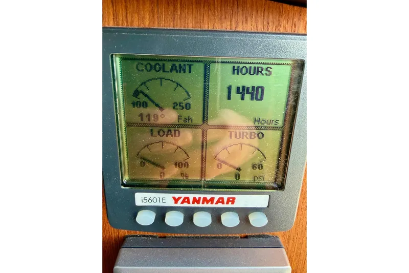 Yacht Photos Pics Yanmar engine display showing coolant temperature, hours, load, and turbo pressure on a 2012 Ranger Tugs R-29.