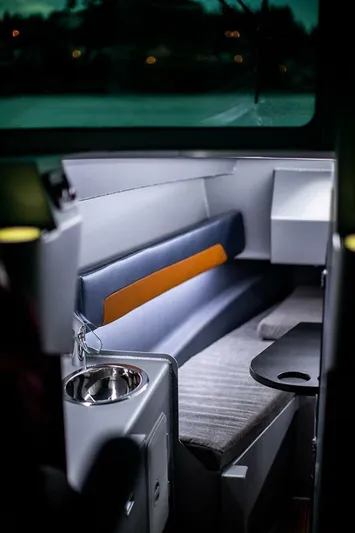  Yacht Photos Pics 2019 Jasper Marine Freedom 28 interior with sleek seating and modern design.