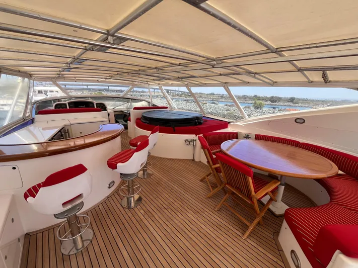 Endless Romance Yacht Photos Pics Luxurious 2001 Astondoa 95GLX yacht deck with seating, bar, and jacuzzi.