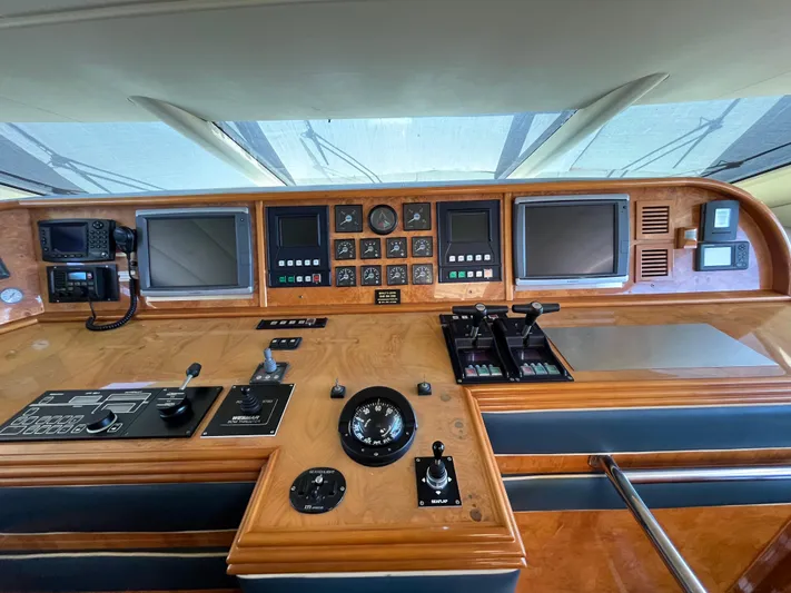 Endless Romance Yacht Photos Pics Control panel of a 2001 Astondoa 95GLX yacht with navigation instruments and displays.