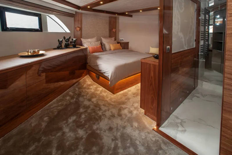  Yacht Photos Pics Luxurious bedroom interior of 2019 Van den Hoven Executive 2100 yacht.