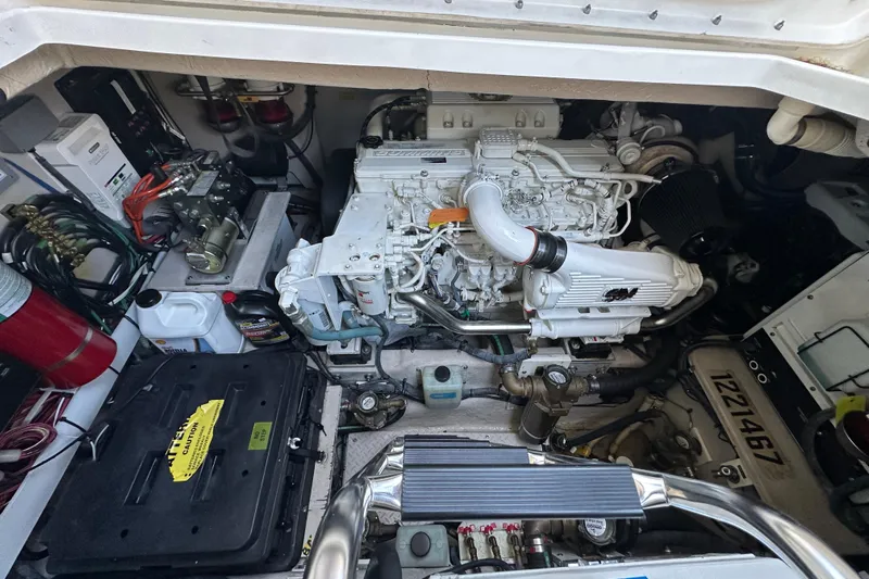  Yacht Photos Pics Engine room of 2009 Sea Ray 48 Sundancer, showcasing detailed mechanical components.