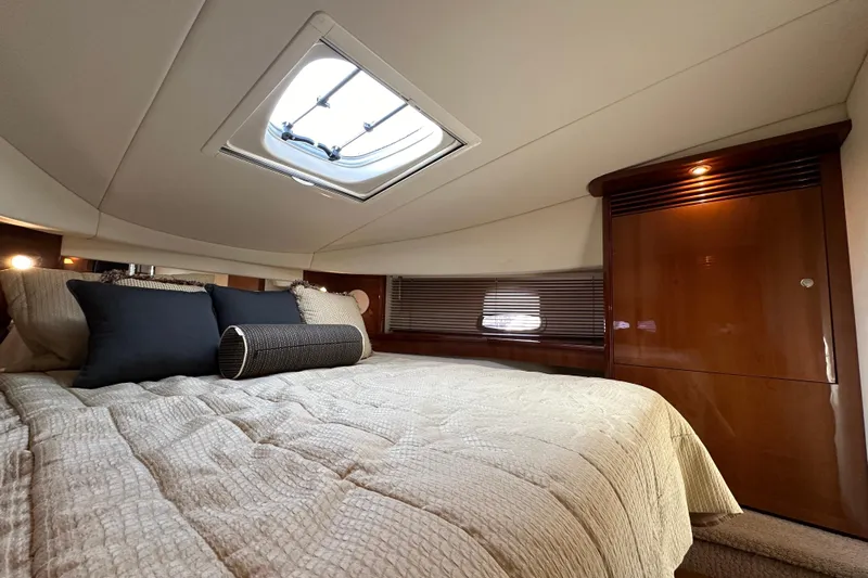  Yacht Photos Pics Luxurious cabin interior of 2009 Sea Ray 48 Sundancer yacht with skylight.