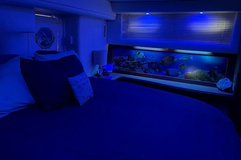 Living The Dream Yacht Photos Pics Luxurious 1997 Silverton 402 Motor Yacht bedroom with ambient blue lighting and aquarium.