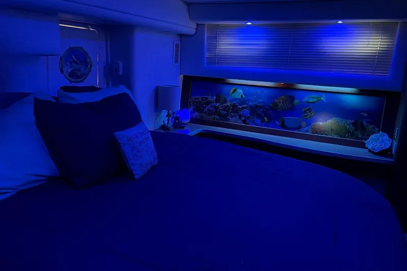 Living The Dream Yacht Photos Pics Cozy bedroom in 1997 Silverton 402 Motor Yacht with ambient blue lighting and aquarium.