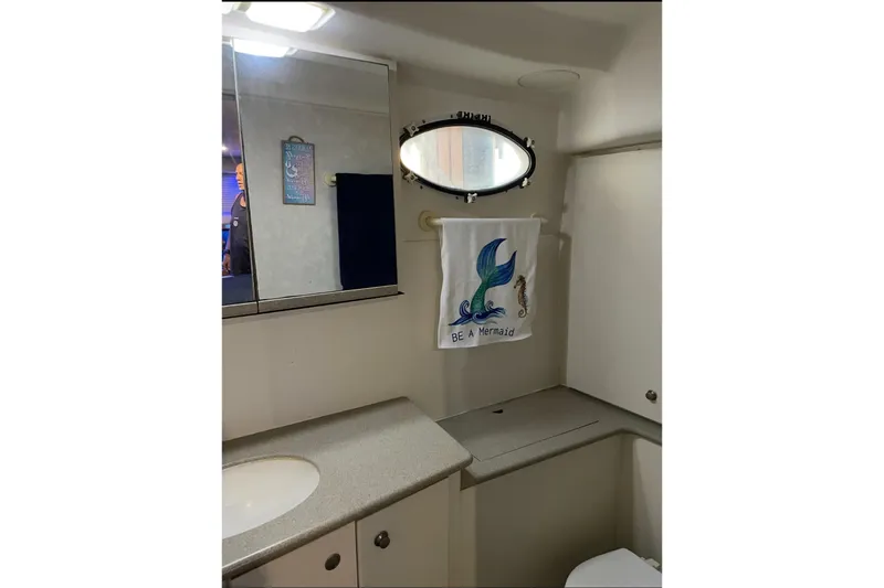 Living The Dream Yacht Photos Pics Bathroom interior of 1997 Silverton 402 Motor Yacht with mermaid-themed decor.