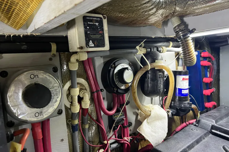 Living The Dream Yacht Photos Pics Engine room of a 1997 Silverton 402 Motor Yacht with wiring and controls.