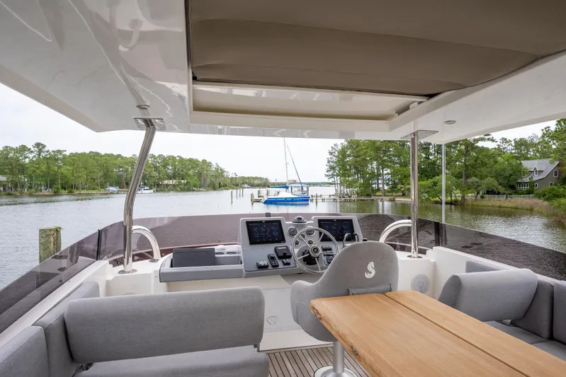 Sweetest Southern Comfort Yacht Photos Pics 2022 Beneteau ST48 Swift Trawler 48 helm with scenic waterway view.