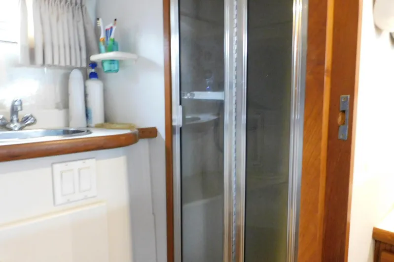 La Vida Yacht Photos Pics Bathroom interior of 1993 Carver 445 Aft Cabin Motor Yacht with shower and sink.
